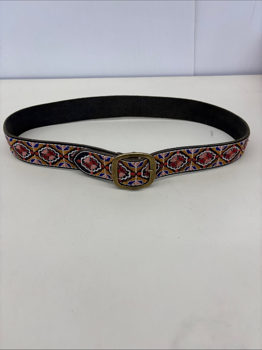Lucky Brand Black Belt with Red, Blue and Gold Embroidered Trim